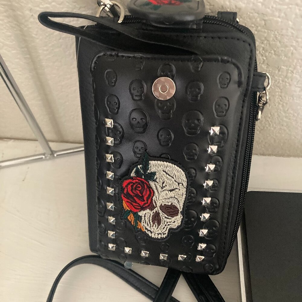 Skull Embroidery Phone Wallet with Strap